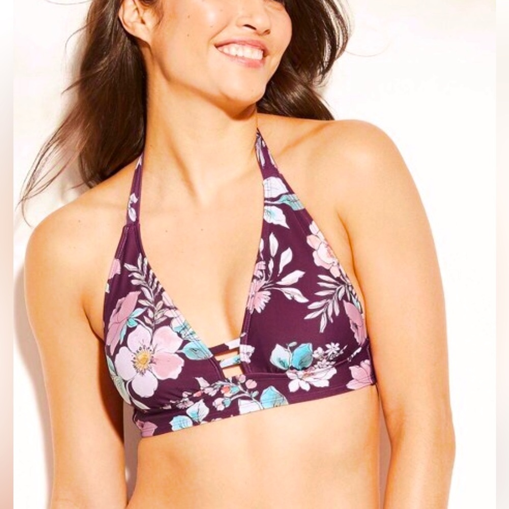 •XL• New Target Kona Sol Burgundy Purple Floral Halter Tie Swim Bikini Top